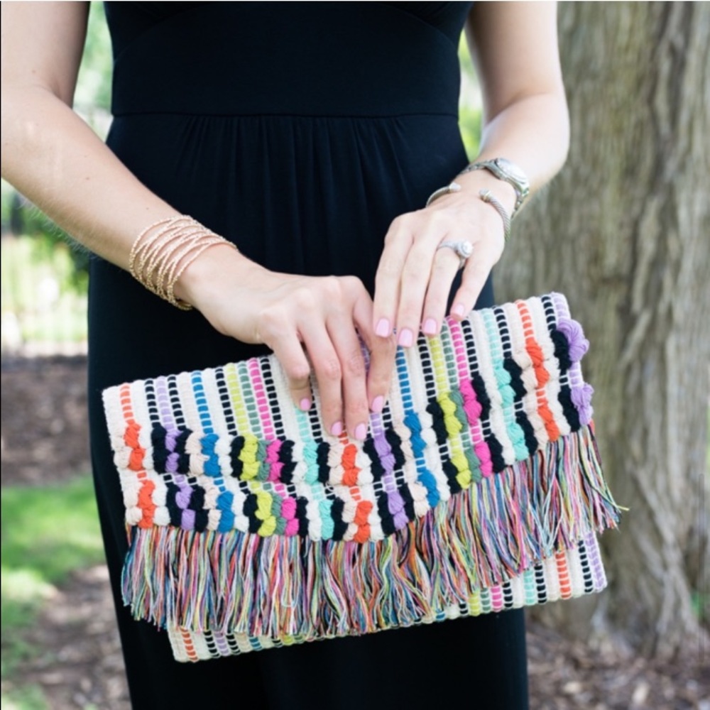 Stella & Dot | Boho Chic Colorful Macramé Rainbow Clutch - Picture 12 of 14